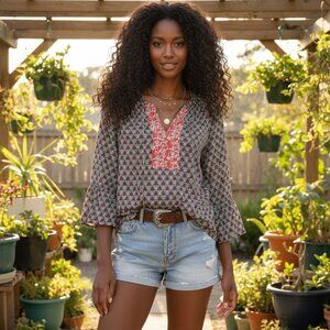 Loft S Womens Top Blue Red Mosaic Patchwork Bell Sleeve Boho Indie Festival Mod